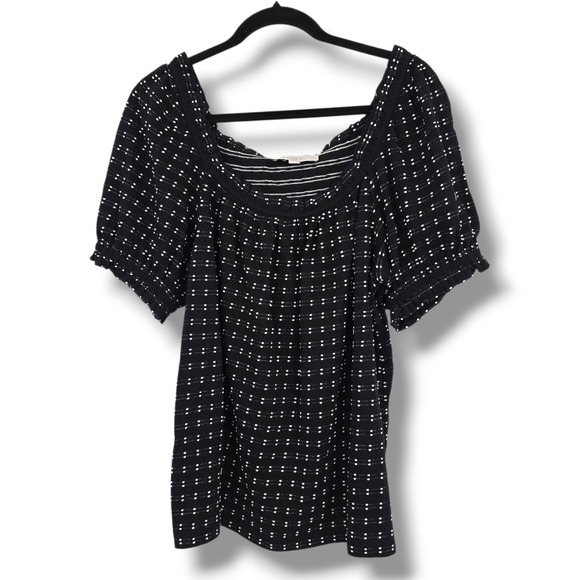 LOFT Smocked Top Square Neck Polka Dot Blouse Short Sleeve Black L‎ - Picture 1 of 9